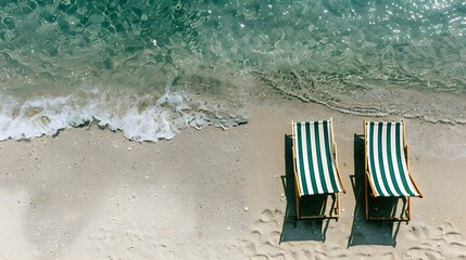 Two striped beach chairs facing the ocean on a sandy shore with gentle waves. Perfect for a relaxing beach getaway or vacation concept.