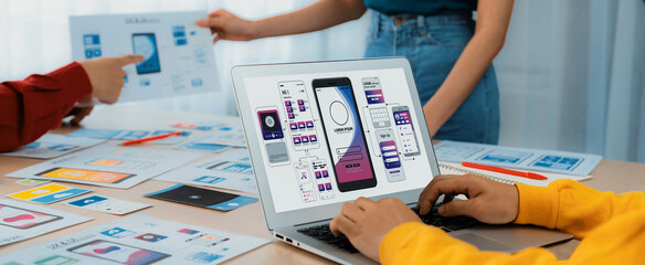 Panorama banner of startup UX developer or company employee design user interface or UI prototype...