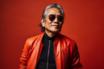 Fototapeta premium Portrait of a content asian man in his 50s wearing a trendy sunglasses while standing against bare monochromatic room