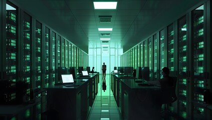 A large server room with rows of green glowing computer equipment. Two people sitting at desks in the middle working on computers. The lighting is dark but glows from within each monitor.