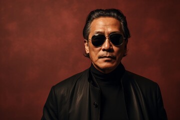 Obraz premium Portrait of a content asian man in his 50s wearing a trendy sunglasses in bare monochromatic room