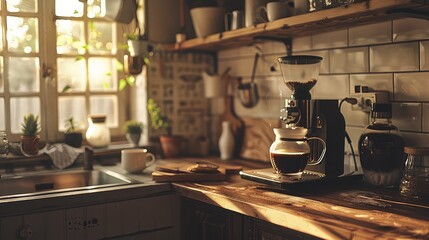 Sunlit Rustic Kitchen with Coffee Maker