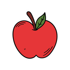 Hand drawn cartoon red apple with green leaf on white background.