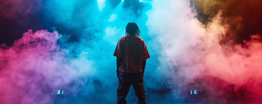 Artist rapper at a music concert on stage singing seen from the back with pink and blue smoke. Hip hop rap artist live performance