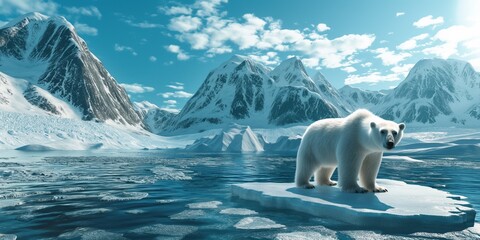 A polar bear standing alone on an ice floe in the Arctic Ocean, with mountains and sea behind it, illustrating the concept of climate change and global warming.