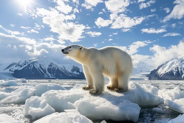 A polar bear standing alone on an ice floe in the Arctic Ocean, with mountains and sea behind it, illustrating the concept of climate change and global warming.