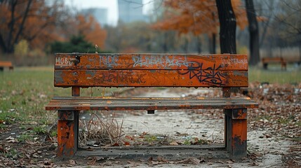 Close-up of a weathered wooden bench in a park, painted in burnt orange and adorned with graffiti, a symbol of urban nostalgia. Abstract Backgrounds Illustration, Minimalism,