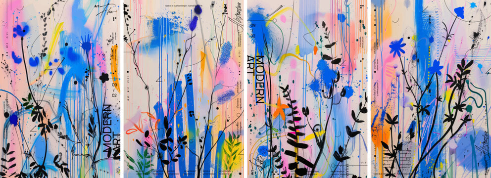 A series of vertical posters with colorful wildflowers and colorful abstract designs. A sense of movement is captured by dynamic lines and splashes of color throughout.