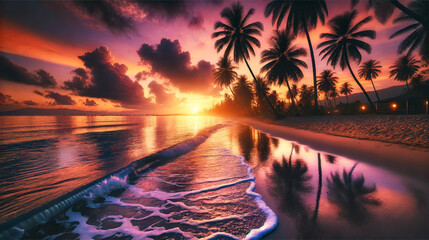 Serene beach scene at sunset with gentle waves, silhouetted palm trees, and a vibrant sky in hues of orange, pink, and purple.