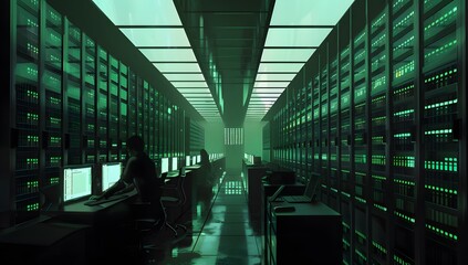 A large server room with rows of green glowing computer equipment. Two people sitting at desks in the middle working on computers. The lighting is dark but glows from within each monitor.