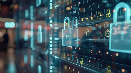 Fototapeta premium The intersection of cybersecurity and e-commerce, abstract background