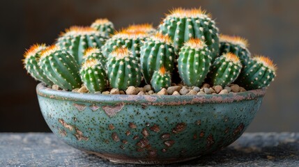 A close-up view of vibrant green succulent plants with orange flowers in a textured pottery bowl