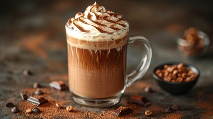 An appetizing hot chocolate drink topped with whipped cream and drizzled with chocolate, with nuts in the background