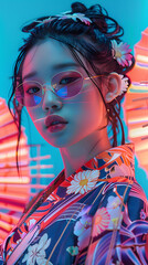 Obraz premium Beautiful woman wearing bright kimono, neon colors, in the style of futuristic pop, street pop art