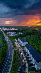 Fototapeta premium Drone of Epic Sunset in New Jersey Suburbs Homes 