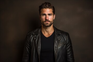Obraz premium Portrait of a merry man in his 30s sporting a classic leather jacket while standing against plain cyclorama studio wall