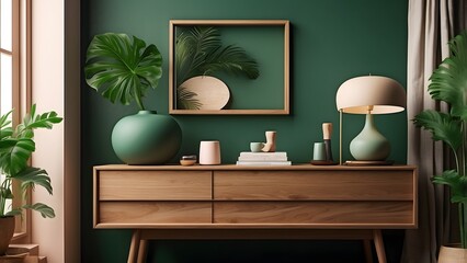 Minimalist wooden cabinet cozy warmth interior design, brown and green color theme home decor wood cabinet interior design 