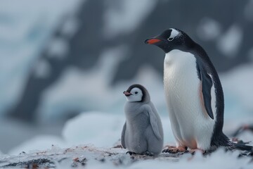 Obraz premium A fluffy penguin chick standing on a patch of ice, with its parent nearby. The chick is looking up at the adult penguin with admiration