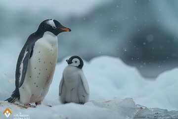 Obraz premium A fluffy penguin chick standing on a patch of ice, with its parent nearby. The chick is looking up at the adult penguin with admiration