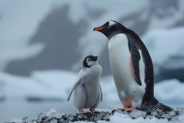 Fototapeta premium A fluffy penguin chick standing on a patch of ice, with its parent nearby. The chick is looking up at the adult penguin with admiration