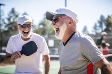 Playing pickleball laughing glasses sports.
