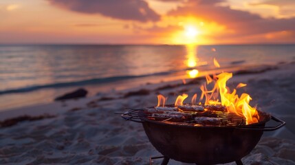 Grill with flame on the beach on sunset