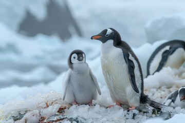 A fluffy penguin chick standing on a patch of ice, with its parent nearby. The chick is looking up at the adult penguin with admiration