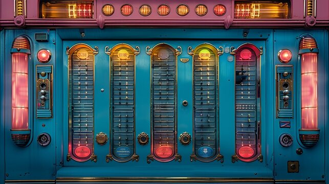 Close-up of a retro jukebox in shades of chambray blue, with colorful buttons and dials that invite patrons to select their favorite nostalgic tunes. Abstract Backgrounds Illustration, Minimalism,