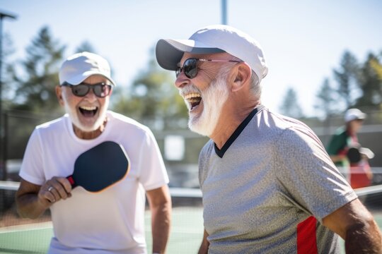Playing pickleball laughing glasses sports.