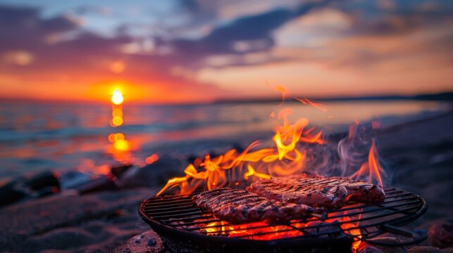 Grill with flame on the beach on sunset