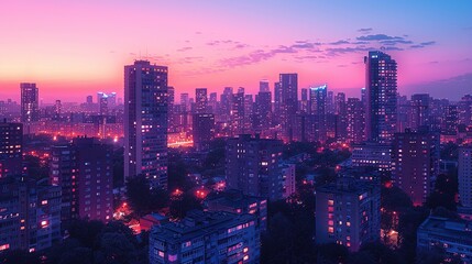 Obraz premium Abstract photograph of a city skyline at dusk, with buildings illuminated in shades of lilac and burnt orange, evoking feelings of urban nostalgia. Abstract Backgrounds Illustration, Minimalism,