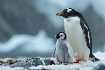 Obraz premium A fluffy penguin chick standing on a patch of ice, with its parent nearby. The chick is looking up at the adult penguin with admiration