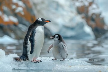 Obraz premium A fluffy penguin chick standing on a patch of ice, with its parent nearby. The chick is looking up at the adult penguin with admiration