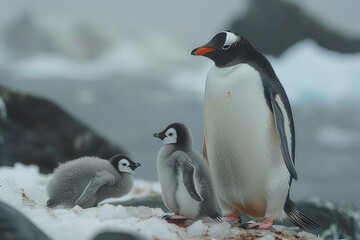 Naklejka premium A fluffy penguin chick standing on a patch of ice, with its parent nearby. The chick is looking up at the adult penguin with admiration