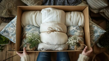 A person is holding a box of white and blue bedding