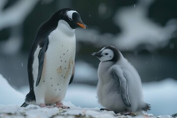 Obraz premium A fluffy penguin chick standing on a patch of ice, with its parent nearby. The chick is looking up at the adult penguin with admiration