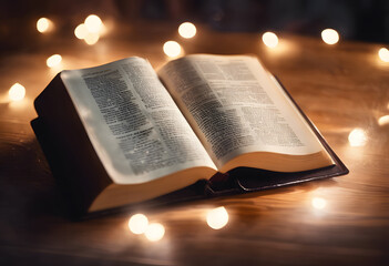 Fototapeta premium An open book on a wooden table surrounded by small, warm fairy lights, creating a cozy and inviting atmosphere. Read a Book Day.