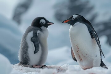 Fototapeta premium A fluffy penguin chick standing on a patch of ice, with its parent nearby. The chick is looking up at the adult penguin with admiration