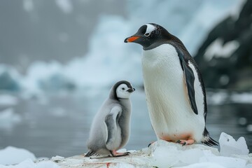 Naklejka premium A fluffy penguin chick standing on a patch of ice, with its parent nearby. The chick is looking up at the adult penguin with admiration
