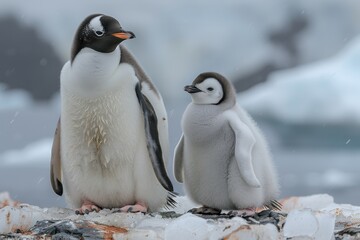 Obraz premium A fluffy penguin chick standing on a patch of ice, with its parent nearby. The chick is looking up at the adult penguin with admiration