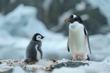 Obraz premium A fluffy penguin chick standing on a patch of ice, with its parent nearby. The chick is looking up at the adult penguin with admiration