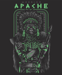 Vector Apache Warrior Holding a spear andvector artwork of apache warrior with gorilla head carrying spear and axe ax and having the head of a gorilla