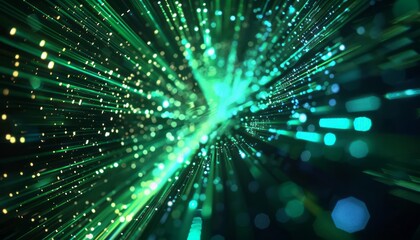 Abstract digital background with green and blue light streaks, representing fast data transfer in the internet network of networks concept