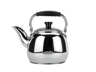 A silver tea kettle sits on a white background