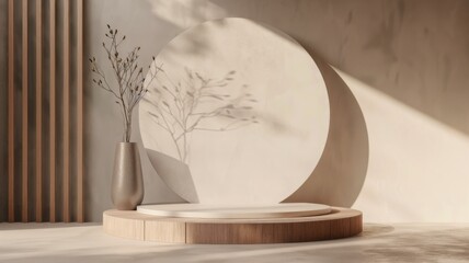 White podium abstract scene with boho minimalist shadows. Empty stage minimalistic design background. Stand product showcase on beige background with Christmas lights.