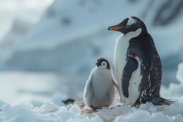 Obraz premium A fluffy penguin chick standing on a patch of ice, with its parent nearby. The chick is looking up at the adult penguin with admiration