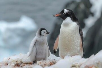 Fototapeta premium A fluffy penguin chick standing on a patch of ice, with its parent nearby. The chick is looking up at the adult penguin with admiration