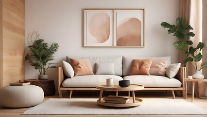 Mockup poster frame design, minimalist  wall art mockup interior design, light brown color theme home decor poster mockup interior design