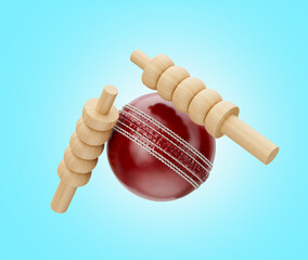 Shiny Red Leather Stitched Test Cricket Ball With Two Wicket Bails Blue Background 3D Illustration