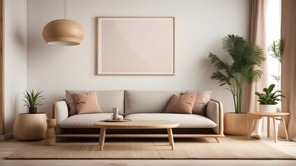 Mockup poster frame design, minimalist  wall art mockup interior design, light brown color theme home decor poster mockup interior design